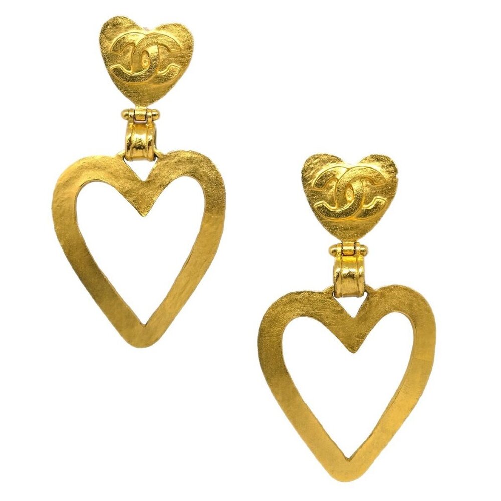 Chanel Heart Dangle Hoop Earrings Gold Clip-On 95P 143660